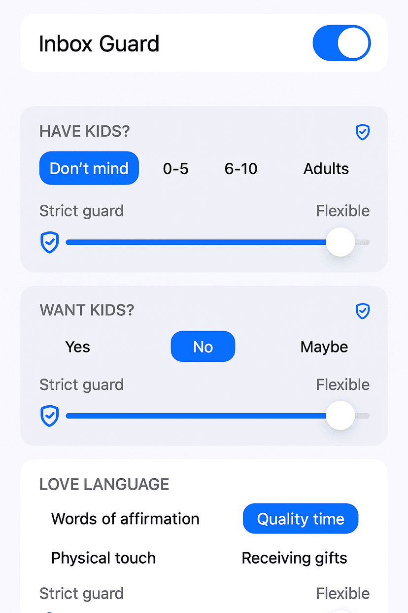 Typ app screenshot showing InboxGuard filter interface